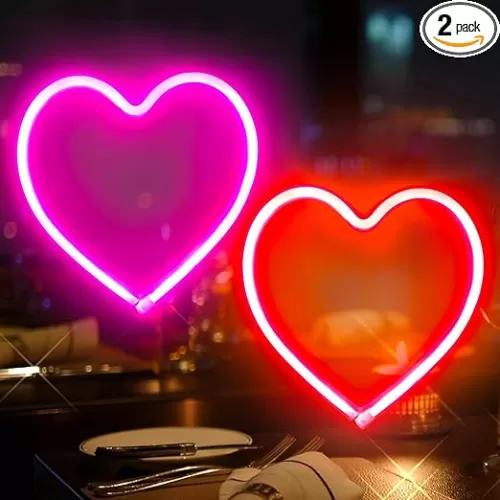 2-Pack Heart Neon Sign, Neon Heart Lights Battery Operated or USB Powered Decoration Lamp, LED Mothers Day Decoration Lights for Bedroom Girl's Room Birthday Party Wedding Christmas Décor (Pink & Red)
