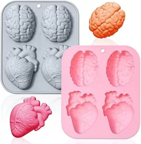 2 Pack Human Heart Brain Silicone Molds, 4 Cavity Halloween 3D Organ Shapes DIY Silicone Fondant Cake Mold Tray Muffin Baking Tools for Chocolate Candy Mousse Pudding Handmade Soap Candle Clay