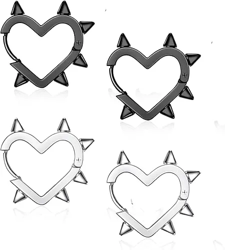 2 Pairs Silver Black Heart Hoop Earrings for Women Men Stainless Steel Y2k Punk Goth Spike Heart Earrings Jewelry Gift