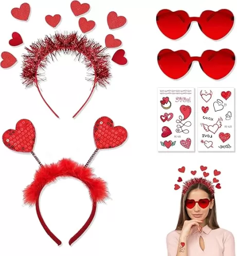 2 Pcs Valentine’s Day Heart Headbands and 2 Pcs Heart Shape Sunglasses, Red Heart Hair Hoops Hair Bands with Tattoo Stickers