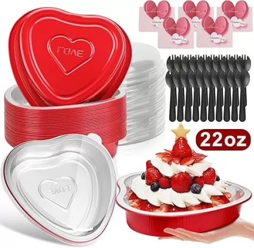 22oz Heart Shaped Cake Pans with Lids, 20pcs Aluminum Foil Heart Cake Pans, Disposable Ramekins Containers Liners Tins, Cupcake Baking Cups Red