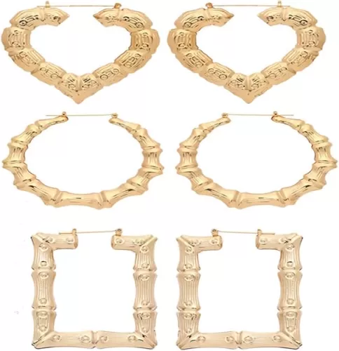 3-5 Pairs Large Hollow Out Bamboo Geometric Round Love Heart Triangle Rectangle Hoop Earrings for Women Punk Fashion Gold Plated Earrings Statement Jewelry Set