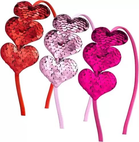 3 Pieces Valentine's Day Glitter Heart Headband Heart Shaped Sequin Headband Elastic Love Heart Sequin Hair Band for Wedding Party
