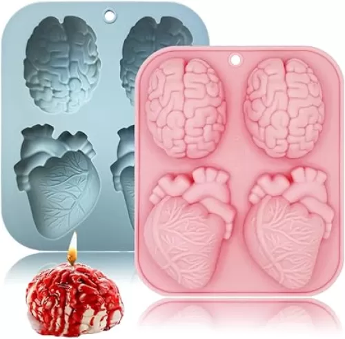 3D Human Brain Heart Silicone Molds, 2 Pack Realistic Halloween Organ Shapes Silicone Muffin Molds for Chocolate Pudding Dessert Jelly Handmade Soap Candle for Halloween Party Props