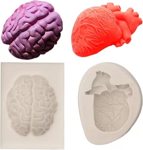 3D Human Heart Silicone Fondant Molds, Halloween Brain Shape Candy Chocolate Molds for Chocolate Cake Decoration Dessert Soap
