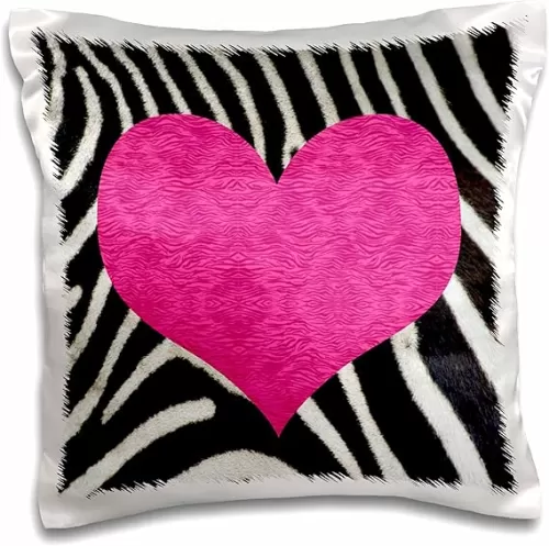 3dRose pc_20393_1 Punk Rockabilly Zebra Animal Stripe Pink Heart Print-Pillow Case, 16 by 16"