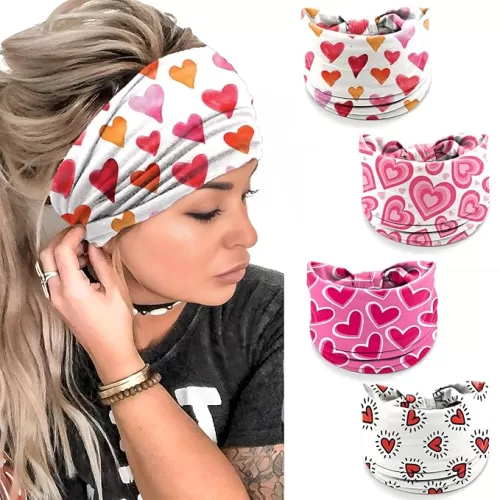 4 Pcs Valentine's Day Headbands for Women, Pink Wide Turban Dress Up Costume Breathable Stretchy Non Slip Head Wrap, Love Heart Printed Pattern Holiday Fall Winter Hair Band for Yoga Running Party