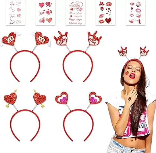 4Pcs Valentine's Day Headband, 4 Styles Heart Headbands with 5 Sheets Tattoo Stickers Sequins Heart Headband for Party