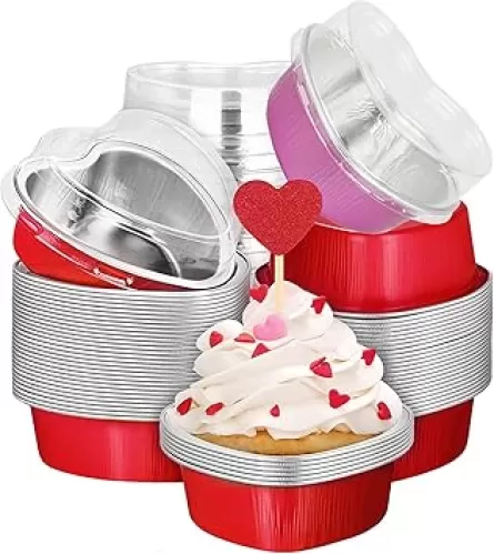 50PCS Heart Shaped Cake Pans with Lids, 3.5oz/100ml Valentine's Day Mini Heart Cake Pan Aluminum Cake Pans Reusable Foil Cake Pan for Mother's Day, Weddings and Birthdays