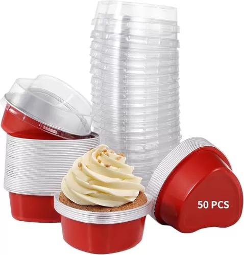 50pcs Mini Cake Pans with Lids, Mini Pie Tins, Heart-shape Foil Pans with Lids, Tart Container for Individual Dessert Cupcake Muffin Cheesecake Ramekin Quiche Oven Dishes