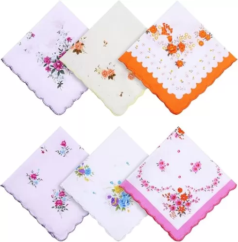 6 Pack Ladies' Vintage Floral Handkerchiefs Ladies Cotton Handkerchiefs Soft Cotton Women's Handkerchiefs Flower Embroidered Ladies Hankies Sweat Handkerchiefs for Wedding Party