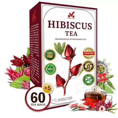 65 Premium Hibiscus Tea Bags, 3g/Bag, 100% Natural and Pure Hibiscus Flowers, Handmade, Made with Natural, Sugar/Caffeine/Gluten Free, Supports Heart Health & Boosts Immunity (60+5 Tea Bags)