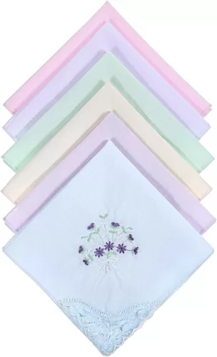 6pcs Vintage Floral Embroidered Handkerchiefs for Women, Butterfly Lace Hanky, 100% Cotton, 11x11 inches, Assorted Colors (White, Pink, Yellow, Green, Blue, Purple)