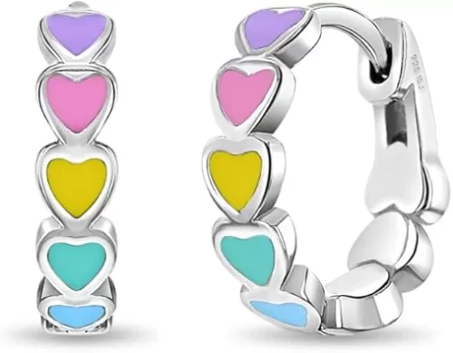 925 Sterling Silver Tiny Heart Enamel Huggie Hoop Earrings - Multicolored Heart Themed Hoops