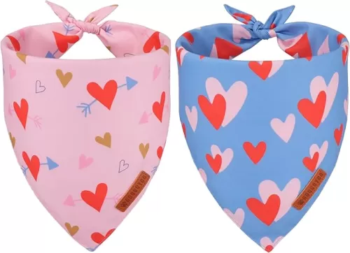 ADOGGYGO Valentine Dog Bandana, Blue Pink Heart Pet Scarf, Premium Durable Fabric, Adjustable Fit Pet Valentine Bandanas for Small Dogs Puppies (Small)