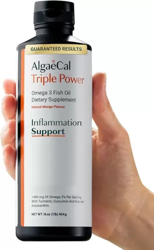 ALGAECAL Triple Power 1200mg EPA & DHA Omega 3 Fish Oil Supplement, Supporting Brain, Heart, Skin & Bones, Liquid Emulsion Mango Taste, Burp-Less, Sugar-Free, Made in USA