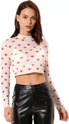 Allegra K Women's Semi-Sheer Sexy Blouse Heart Print Crop Tops Cocktail Party Mesh Top