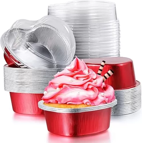 Aluminum Foil Cake Pan Heart Shaped Cupcake Cup with Lids 100 ml/ 3.4 Ounces Disposable Mini Cupcake Cup Flan Baking Cups for Valentine Mother