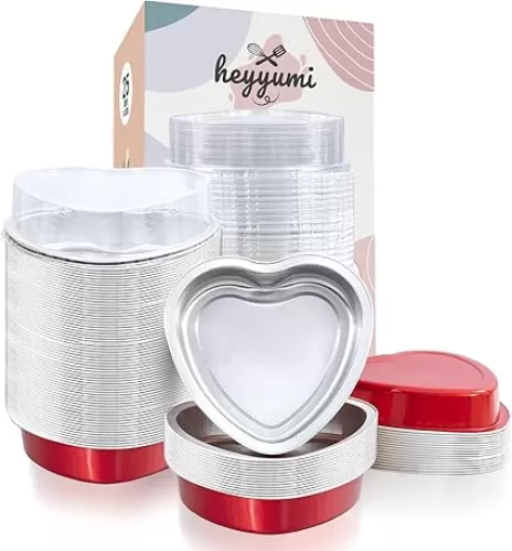 Aluminum Foil Mini Heart Cake Pan, 25pcs 9oz Disposable Heart Shaped Cake Pans with Lids, Cupcake Liners Muffin Tins, Cupcake Baking Cups Ramekins Containers Red