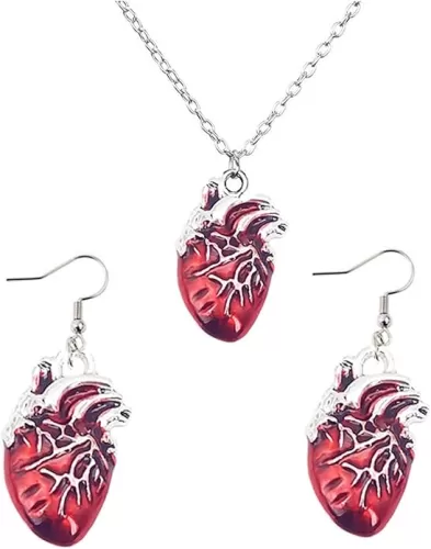 Anatomical Heart Organ Necklace Earrings Set Halloween Gothic 3D Enamel Red Bloody Human Organs Biology Medical Chain Jewelry Set for Men Women Doctor Nurse Goth Halloween Christmas Party Fashion Jewelry