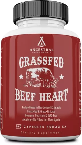 Ancestral Supplements Grass Fed Beef Heart Supplement, 3300mg, CoQ10 Supplement Supports Heart and Mitochondrial Health, Non-GMO, 180 Capsules