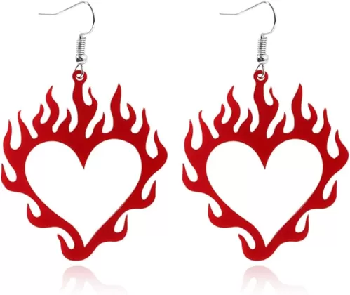 ANXIN Punk Retro Acrylic Hollow Heart Flame Pendant Earrings Unique Exaggerated Personality Hip Hop Style Red Flame Heart Earrings Women's Friends Jewelry Gifts