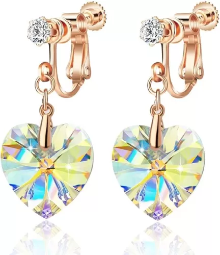 Austrian Crystal Heart Drop Clip On Dangle Earrings for Women Non Pierced 14K Rose Gold Plated Hypoallergenic Jewelry