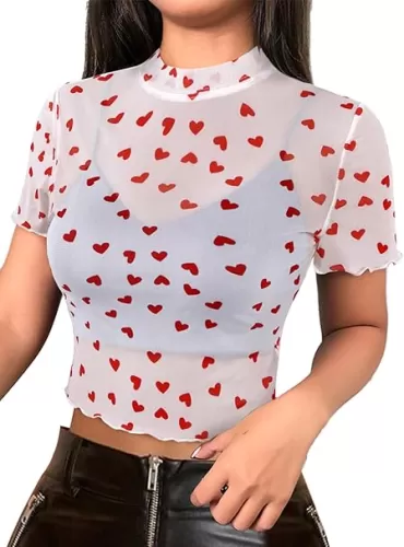 Avanova Women Heart Print Sheer Mesh Crop Top See Through Short Sleeve Sexy Shirt