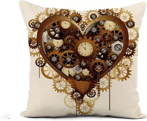 Awowee Flax Throw Pillow Cover Gears Steampunk Heart Love Clock Valentine Watch Mechanism Bolts 18x18 Inches Pillowcase Home Decor Square Cotton Linen Pillow Case Cushion Cover