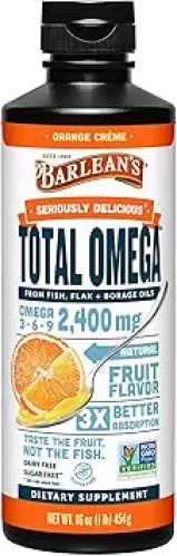 Barlean's Total Omega 3 Fish Oil Liquid Supplement, Orange Crème Flavored with Borage and Flaxseed Oils, 2, 400 mg of Omegas 3 6 9 EPA and DHA Plus GLA, 16 oz