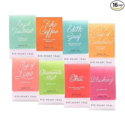 Big Heart Tea Co. Tea Bags Sampler Set - Certified Organic, Ayurvedic Herbal Tea - Small Batch Ground Herbs, Florals, Spices in Zero Plastic Sachets - Healthy Tea Variety Pack - 8 Flavors, 16 Pack