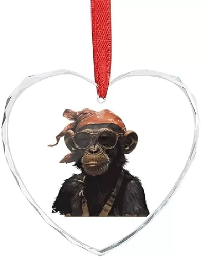Black Monkey Wearing Bandanna Glasses Funny Christmas Hanging Ornaments Keepsake Glass Crystal Heart Decorations for Xmas Tree Party