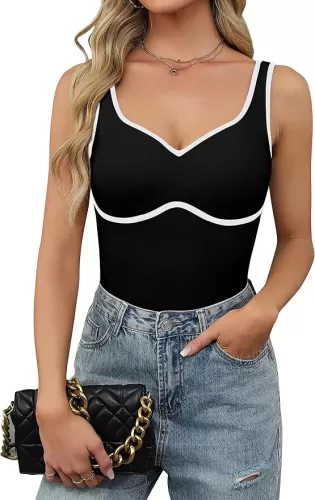 Blooming Jelly Womens Sweetheart Neck Tank Tops Sleeveless Built in Bra Ribbed Shirts Color Block Summer Outfits