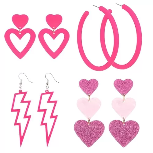 CAVETEE 8PCS Hot Pink Heart Earrings for Women, Dangle Earrings Cute Love Earrings for Her Lightweight Big Hoop Earrings 80s Party Accessories