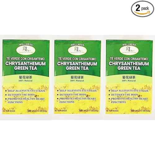 Chrysanthemum Green Tea, 16 Tea Bags, 1.13 oz, 100% Natural, Supports Eye Health and Heart Function，3Pack 菊花綠茶