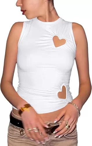 Cioatin Women Y2K Heart Cut Out High Neck Sleeveless Crop Tank Tops Grunge Aesthetic Slim Fit E-Girls Asymmetric Vest Summer