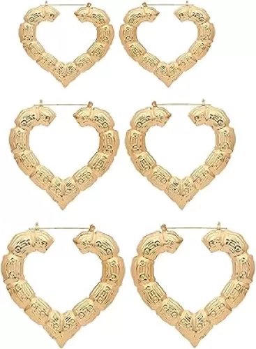 Cool Vintage 3Pairs Hollow Out Round Circle Heart Bamboo Shape Lightweight Drop Dangle Geometric Earrings Set Punk Hip Hop Party Costume Jewrelry for Women