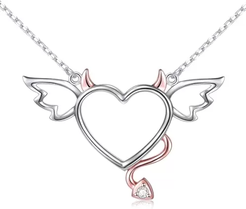 DAOCHONG Two-Tone 925 Sterling Silver Devil Heart with Wings Pendant Necklace for Women