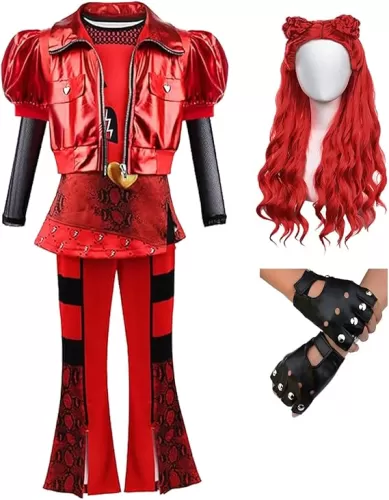D.O.T Girls Rise Red Costume Includes Red Heart Jacket Shirt Flared Pants Wig Gloves 5pcs Halloween Princess Dress up 3-14Y