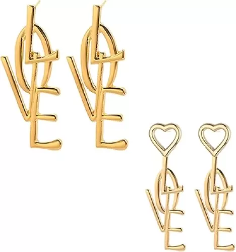 Dreuyet 2 Pairs Love Letter Long Dangle Earrings for Women Fashion Love Alphabet Shape Stud Earrings Punk Long Large LOVE Earrings Statement Earrings