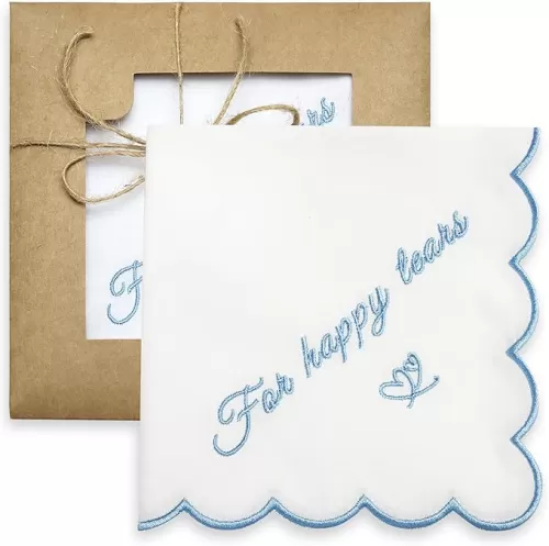 Embroidered Cotton White Handkerchief Hankie with Scalloped Edges Soft 11" x 11" Blue Wedding Gift for Bride