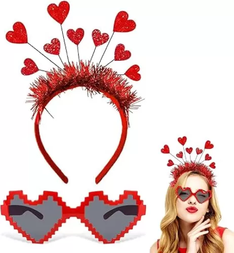 Eowppue Valentine's Day Heart Shaped Headbands 2 PCS Heart Shaped Sunglasses Costumes Decoration for Halloween, Party, Birthd