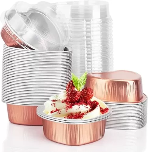 EUSOAR Mini Heart Shaped Cake Pans, 3.4oz 50pcs Desserts Flan, Baking Cups with Lids, Aluminum Foil Desserts Cupcake Flan, Cheesecake Custard Cake Cups for Valentine's Day Wedding Parties