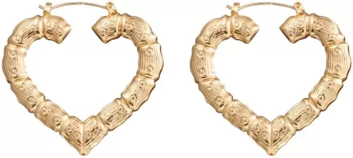 Exaggerate Bamboo Heart Dangle Earrings Gold Hollow Heart Hoop Earrings 80s 90s Bamboo Earrings Punk Heart Earrings