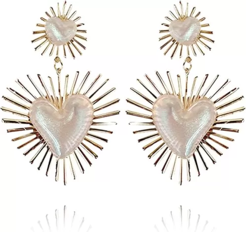 Exaggerated Geometric Boho Punk Gold Sunburst Heart Statement Drop Earrings for Women