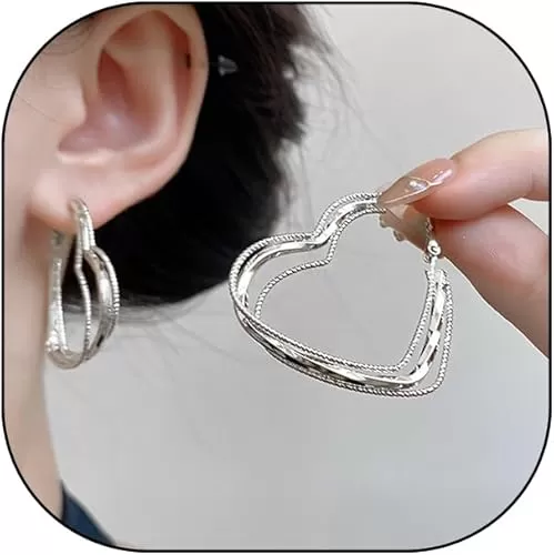 Exaggerated Large Heart Hoop Earrings for Women Gold Textured Wire Layered Big Heart Earrings Boho Geometric Line Love Heart Post Earrings Punk Jewelry Gift