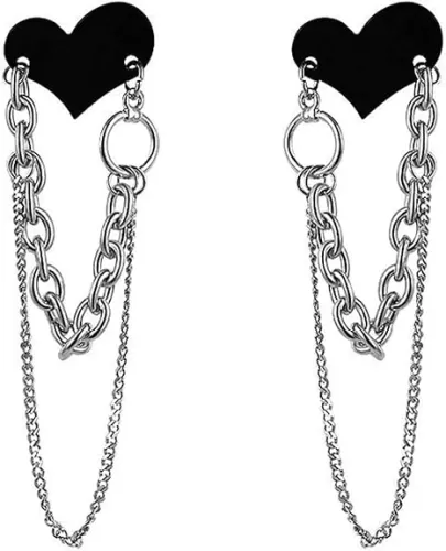Fashion heart Studs Earrings with Dainty Long Chain Punk Cool Black Tassel Drop Dangle Earrings Bar Party Jewelry for Women Girls