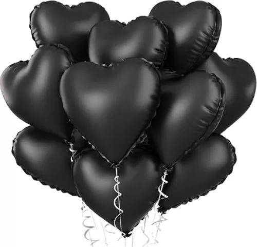 Foil Heart Balloons - 10 Black Heart Shaped Balloons, 18inch Metallic Foil for Valentines Day, Wedding, Birthday, Halloween Party