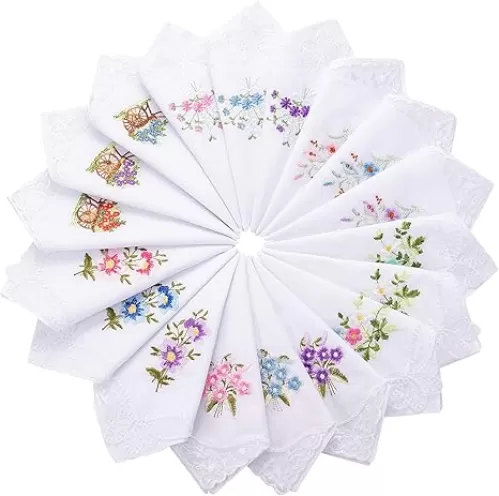 Geyoga 18 Pieces Ladies Cotton Handkerchiefs Flower Embroidered with Lace Colored Embroidered Handkerchiefs for Women
