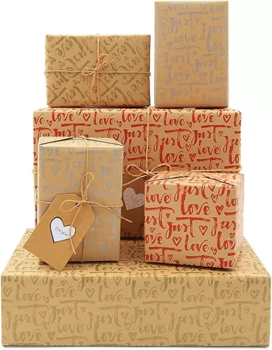 Gift Wrapping Paper, Kraft Love Wrapping Paper 20x28" Per Sheet(9 Sheets:34 sq.ft.ttl.) w/ Jute Strings, Stickers and Tags, Gift Wrap for Mothers Day, Valentines Day, Lover Birthday, Wedding, Bridal Shower